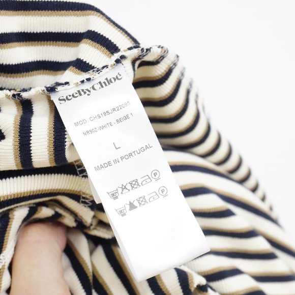 SALE SEE BY CHLOÉ Striped Jersey Dress Ruffle Sleeve Beige L - Picture 5 of 6